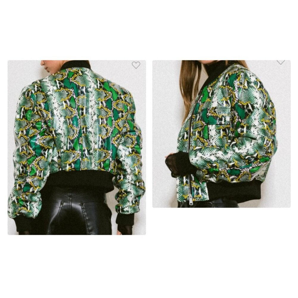 NEW MOD-X Bomber Jacket SNAKE REPTILE PRINT Womens XL Green black FAUX FUR LINED - Picture 3 of 15